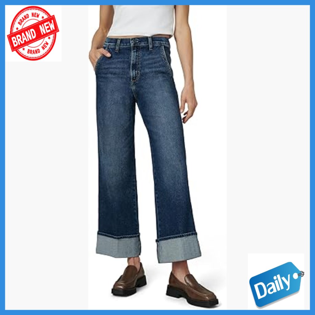 High Rise Wide Leg Denim Trouser, Stretch Cotton Blend, Flattering Silhouette